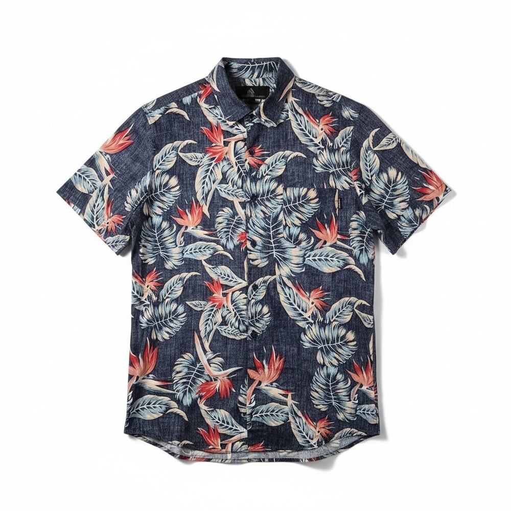 Molokai Surf Co Birds of Paradise Hawaiian Shirt Floral Blue M Beach Resort Palm